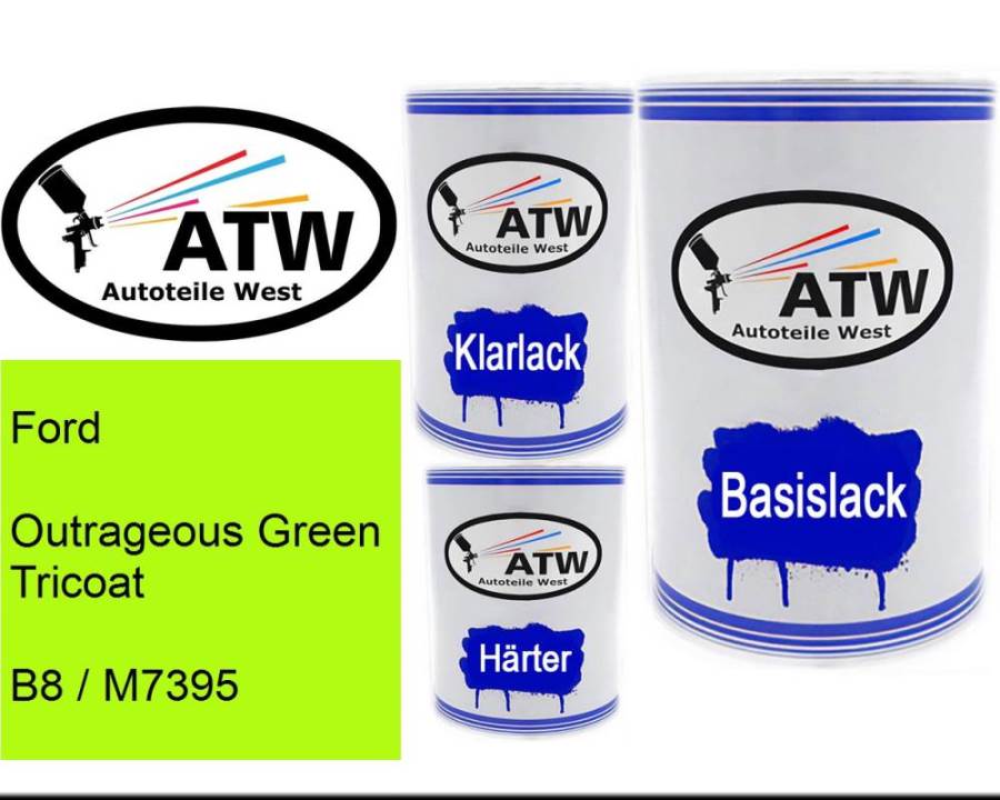 Ford, Outrageous Green Tricoat, B8 / M7395: 500ml Lackdose + 500ml Klarlack + 250ml Härter - Set, von ATW Autoteile West.